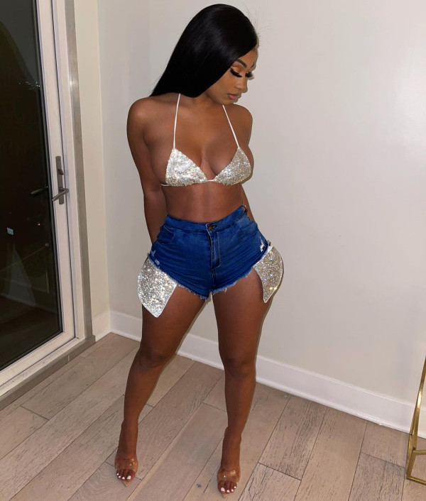 Denim Sexy Sequied Pocket Bodycon Jeans Shorts YD-8375