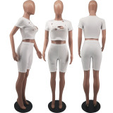 Casual Solid Hole Short Sleeve Two Piece Suits FOSF-8076