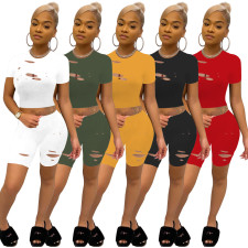 Casual Solid Hole Short Sleeve Two Piece Suits FOSF-8076