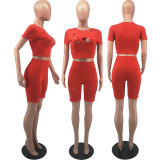 Casual Solid Hole Short Sleeve Two Piece Suits FOSF-8076