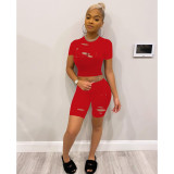 Casual Solid Hole Short Sleeve Two Piece Suits FOSF-8076