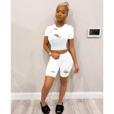 Casual Solid Hole Short Sleeve Two Piece Suits FOSF-8076