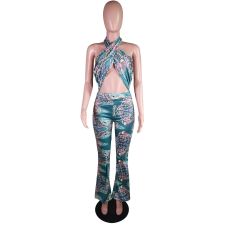 Paisely Print Halter Backless Flare Jumpsuit MK-3052