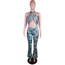 Paisely Print Halter Backless Flare Jumpsuit MK-3052