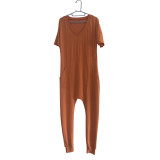 Plus Size Solid V Neck Short Sleeve  Loose Jumpsuits BDF-8059