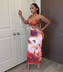 Sexy Printed Halter Backless Slim Maxi Dress MEM-8354