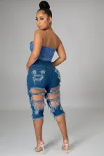 Denim Ripped Hole High Waist Half Lenghth Jeans LA-3267