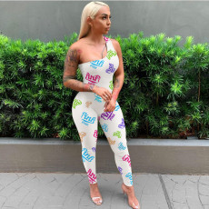 Letter Printed One Shoulder Jumpsuit JH-243