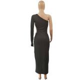 Solid One Shoulder Hollow Maxi Dress QY-5237