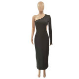Solid One Shoulder Hollow Maxi Dress QY-5237