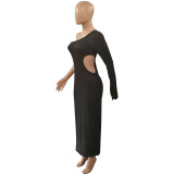 Solid One Shoulder Hollow Maxi Dress QY-5237