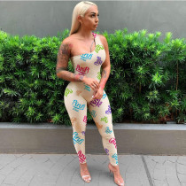 Letter Printed One Shoulder Jumpsuit JH-243