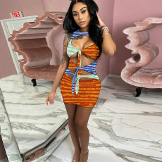 Sexy Printed Sleeveless Hollow Mini Dress GLF-7017