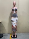 Sexy Printed Halter Backless Maxi Dress OLYF-6053