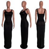 Solid Sleeveless Straps Split Maxi Dress HMS-5458