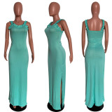 Solid Sleeveless Straps Split Maxi Dress HMS-5458