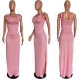 Solid Sleeveless Straps Split Maxi Dress HMS-5458