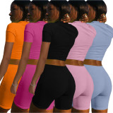 Solid Color Casual Sports Slim Short Sleeve Shorts Two Piece Sets TK-6173