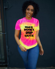 Tie-dye Letter Print Casual Summer Short Sleeve T-Shirts QZX-6208