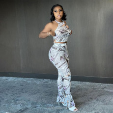 Fashion Print Sleeveless Top And Flared Pants Two Piece Sets QSF-5085