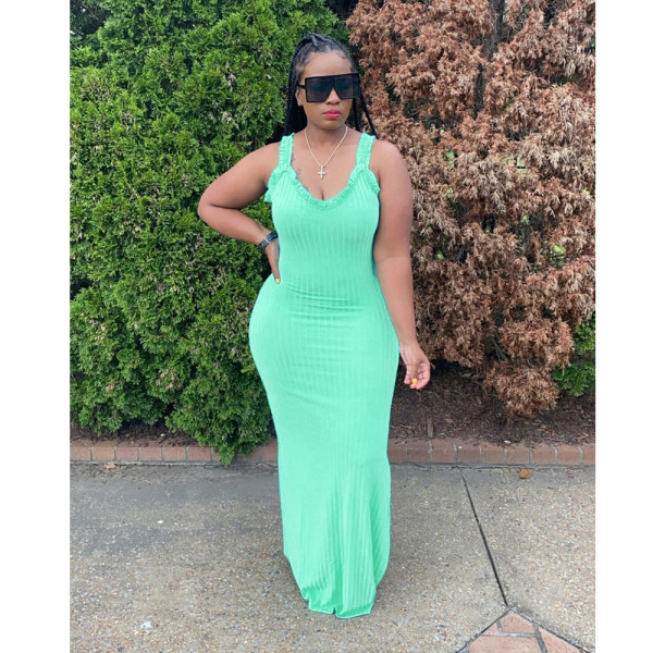 Solid Sleeveless Strap Split Maxi Dress OMY-0018