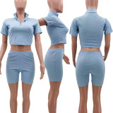 Solid Color Casual Sports Slim Short Sleeve Shorts Two Piece Sets TK-6173