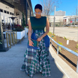 Plus Size Plaid Patchwork Irregular Big Swing Maxi Skirt DAI-0034