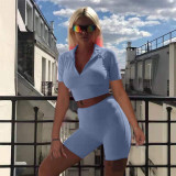 Solid Color Casual Sports Slim Short Sleeve Shorts Two Piece Sets TK-6173