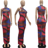 Sexy Mesh Printed See Through Maxi Dress JPF-1035