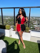 Sexy Splice Contrast Color Zipper Backless  Two Piece Sets QZX-6206