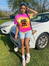 Tie-dye Letter Print Casual Summer Short Sleeve T-Shirts QZX-6208