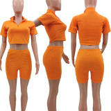 Solid Color Casual Sports Slim Short Sleeve Shorts Two Piece Sets TK-6173