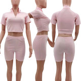 Solid Color Casual Sports Slim Short Sleeve Shorts Two Piece Sets TK-6173