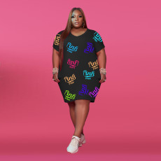 Plus Size Pink Letter Print Short Sleeve Midi Dress XMF-058