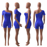 Solid One Shoulder Short Sleeve Romper NIK-241