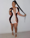 Sexy Hollow Out Lace Up Short Sleeve Mini Dress XYF-9097