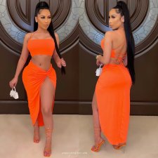 Solid Backless Cross Strap Split Skirt 2 Piece Sets XYF-9100