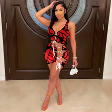 Sexy Printed Sleeveeless Lace Up Mini Skirt 2 Piece Sets WY-6778