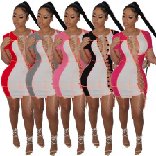 Sexy Hollow Out Lace Up Short Sleeve Mini Dress XYF-9097