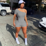 Solid One Shoulder Short Sleeve Romper NIK-241