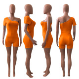 Solid One Shoulder Short Sleeve Romper NIK-241