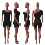 Solid One Shoulder Short Sleeve Romper NIK-241