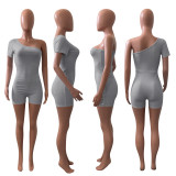 Solid One Shoulder Short Sleeve Romper NIK-241