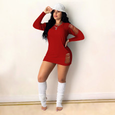Fashion Plus Size Long Sleeve Solid Color Hole Mini Dress DDF-8096