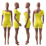 Solid One Shoulder Short Sleeve Romper NIK-241