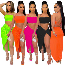 Solid Backless Cross Strap Split Skirt 2 Piece Sets XYF-9100