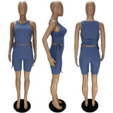 Casial Solid Drawstring Two Piece Shorts Set XYF-9098