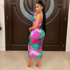 Tie Dye Wrap Chest Midi Skirt 2 Piece Sets WY-6794