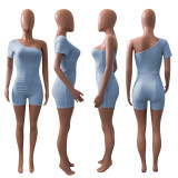 Solid One Shoulder Short Sleeve Romper NIK-241