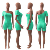 Solid One Shoulder Short Sleeve Romper NIK-241